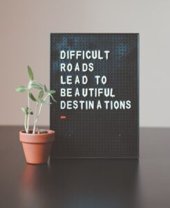 Potted plant with sign reads: Difficult roads lead to beautiful destinations