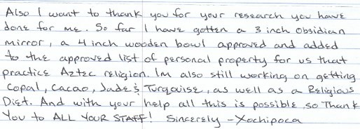 An inmate thanks Webb Hunter for religious research. His religion is now recognized by his institution and he is now approved to have religious materials and diet.